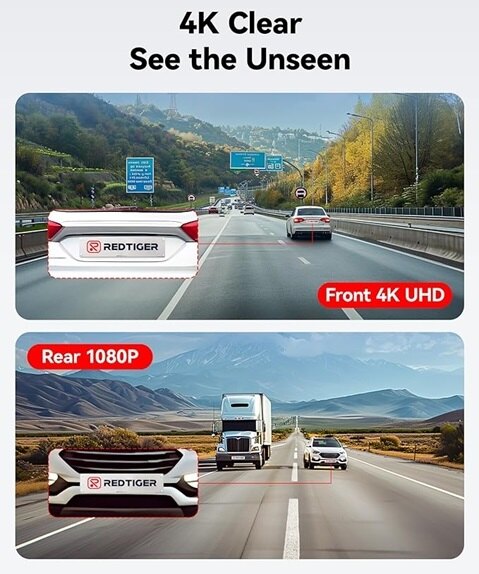 The REDTIGER Dash Cameras displaying the front and rear view of a vehicle, capturing clear and detailed footage from both perspectives.