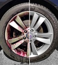 Tire with one half showing dirt and the other half clean, demonstrating the color-changing formula of the Sonax Wheel Cleaner, turning from fluorescent yellow to deep red or purple as it dissolves brake dust and grime.